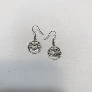 Silver Tone Delicate Bohemian Lotus Flower Dangle Earrings